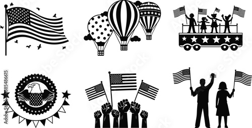 American patriotic icons, Independence Day symbols, flag celebration, unity illustration, bald eagle emblem, parade float, activism art, black and white