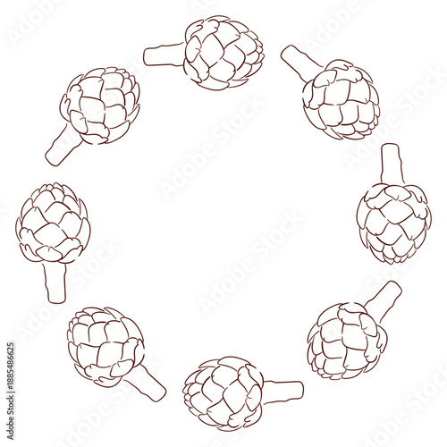 Artichoke wreath in line art style. Design for grocery store package.