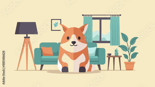 Adorable cartoon dog sits in a cozy living room with a couch, lamp, and plants