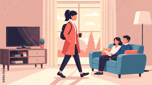 A woman with a backpack and coffee walks past a couple on a couch