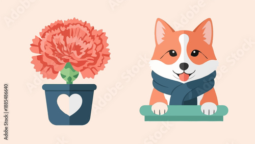 Adorable cartoon corgi wearing a scarf next to a potted carnation flower