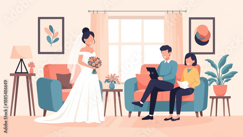 Bride with bouquet stands near two people sitting on a sofa