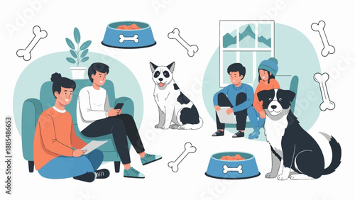 Cheerful people relax with their dogs and chew toys indoors