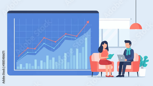 Business meeting with financial chart and people interacting in modern office
