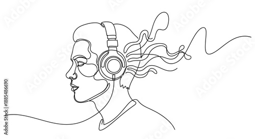 Woman Wearing Headphones Continuous Line Art.