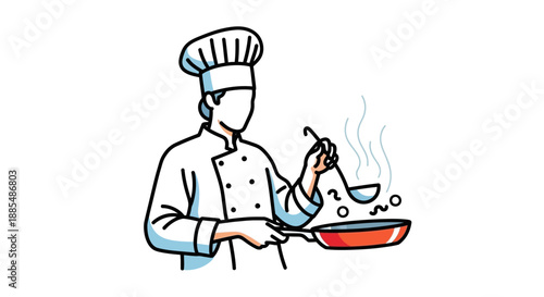 Chef Cooking with Frying Pan and Spoon.