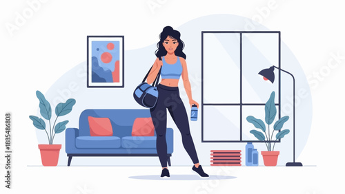 Athletic woman with gym bag and water bottle in a modern living room