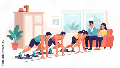 Athletes prepare for race indoors, watched by observers