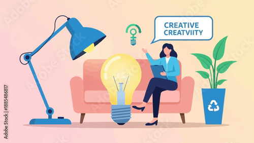 A woman sits on a couch with a large lightbulb and a plant, symbolizing creativity