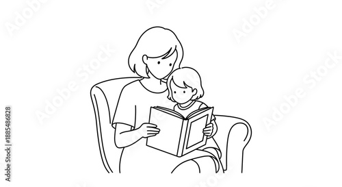 Mother Reading Book with Young Child.