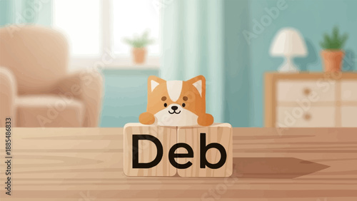 Adorable cartoon corgi peeking over wooden blocks spelling "Deb