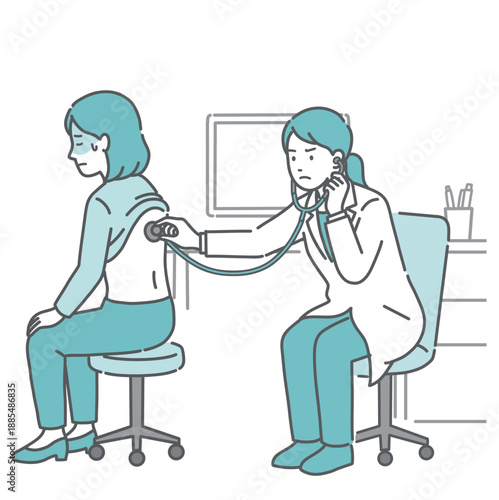背中の聴診を受ける冷や汗をかいた女性と深刻な表情の白衣の女性医師のイラスト