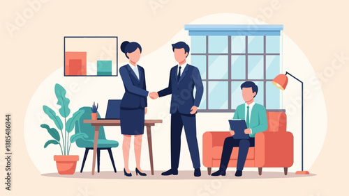 Business meeting with handshake, charts, plant, and seated man