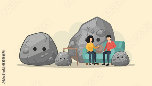 Cartoon rocks and a couple sitting on a couch in a room