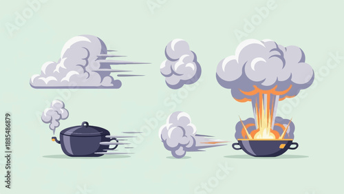 Cartoon pot bursts, emitting smoke and a fiery explosion