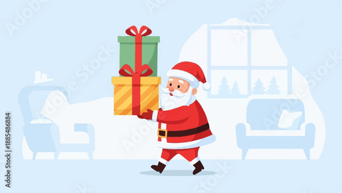 Cheerful Santa Claus holding two gifts inside a cozy, snow-filled room