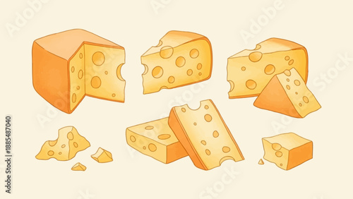 Assortment of Swiss cheese wedges and blocks scattered against a cream background