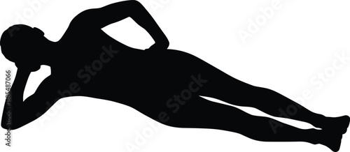 Black Silhouette of Woman Doing Side Plank Yoga Pose Isolated on White Background for Fitness Wellness Health and Bodyweight Exercise