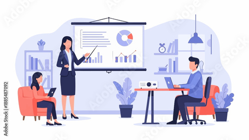 Business meeting with presentation and analysis in a modern office setting