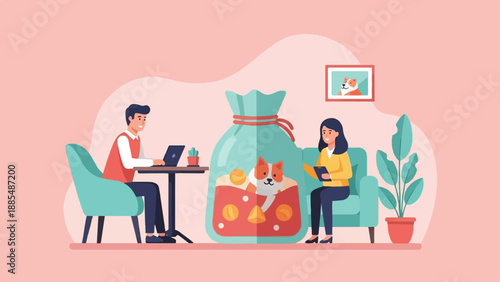 Business partners discuss finances and a pet dog in a giant money bag