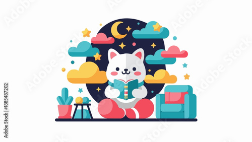 Adorable white cat reads a book by moonlight surrounded by clouds and stars