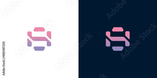 Abstract geometric logo with gradient color transitions on white and dark backgrounds, modern branding and identity design