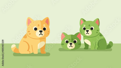 Cartoon style illustration of a tan dog and two green cats