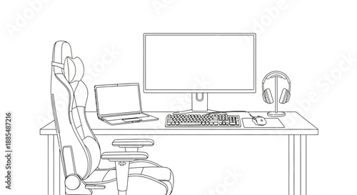 Modern Computer Workspace with Ergonomic Chair.