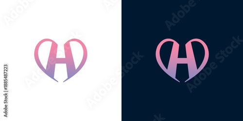 Elegant 'H' monogram inside a heart shape with a gradient fill, presented on both white and dark backgrounds