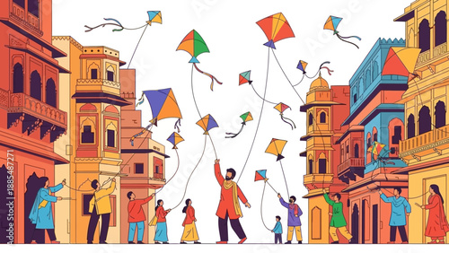 Vibrant illustration of people flying kites in a street scene during the Makar Sankranti festival in India, with colorful buildings and a lively atmosphere.