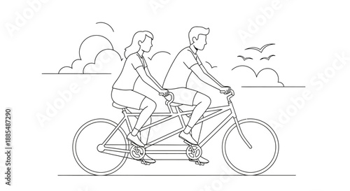 Man and Woman Riding Tandem Bicycle.