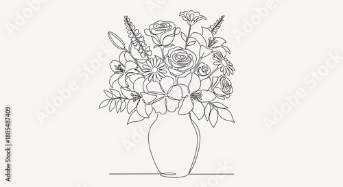 Simple Line Drawing of Flowers in Vase.