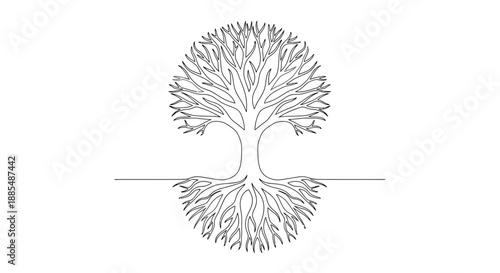 Tree with Roots and Branches Illustration.
