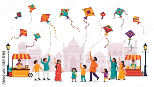 Vector illustration of people, including a child, flying colorful kites in vibrant street scenes during the Makar Sankranti festival in India, with a lively and festive mood against a