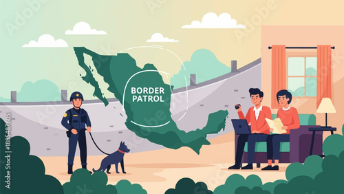 Border patrol officer with dog, map of Mexico, and people indoors