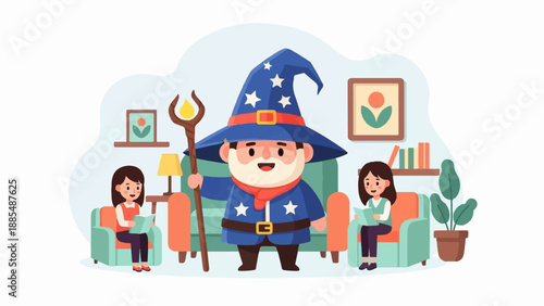 Cheerful wizard with magic staff, two girls reading in cozy living room