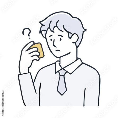 Confused professional holding object, symbolizing business dilemma and problem-solving process.