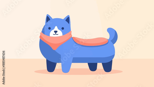 Adorable blue cartoon canine with orange scarf and saddle on beige backdrop