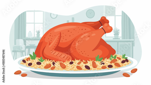 A whole roasted chicken with rice, nuts, and herbs on a platter