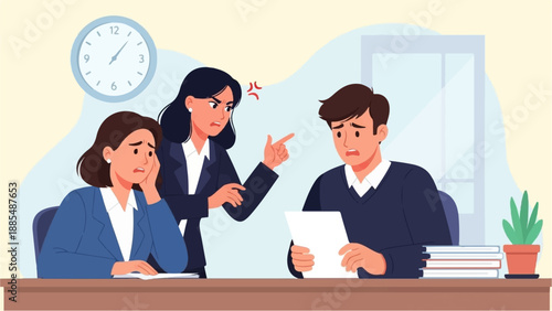 Boss reprimanding employees in an office setting near a clock