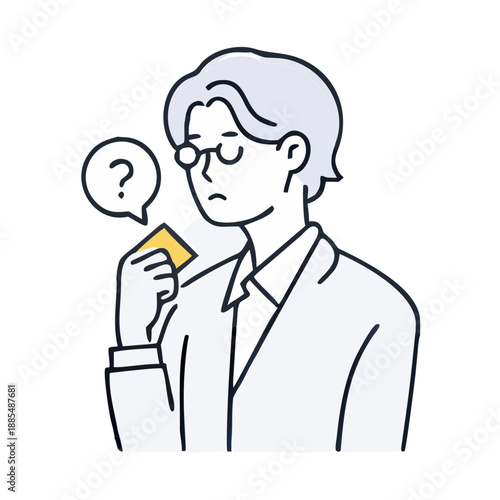 Puzzled businessman holding card pondering decision for problem-solving concepts.