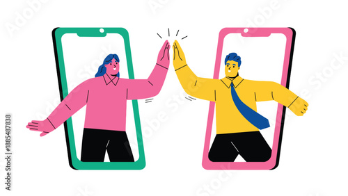 Two businesspeople high-fiving through their mobile phones in a colorful illustration of modern communication and teamwork