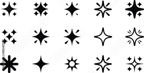 A distinct array of fifteen black sparkle icons displaying diverse light bursts and glimmers on white