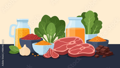 Assortment of healthy foods including meat, vegetables, grains, and oils