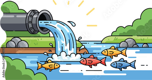Industrial pipe releasing wastewater into a river with fish swimming nearby, an environmental issue depicted in a graphic illustration