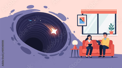 Abstract vortex and a consultation between two people in a cozy room