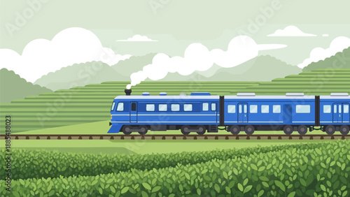 Blue train travels through lush green tea fields under cloudy skies