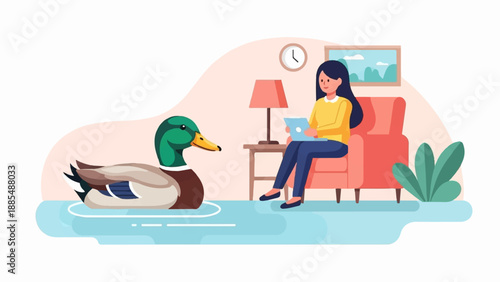 A woman relaxes indoors with a tablet, while a duck swims nearby on stylized water