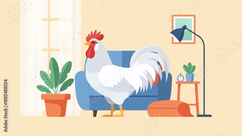 A white rooster stands in a cozy room with a blue sofa and potted plants