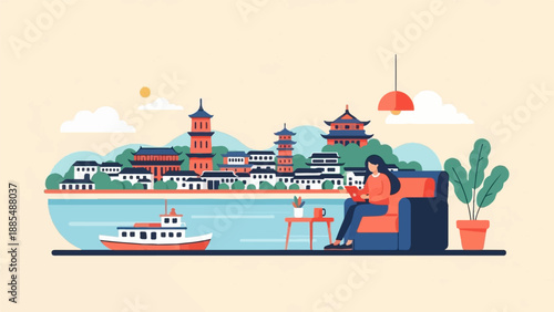 A woman relaxes indoors with a laptop, overlooking a scenic waterside cityscape